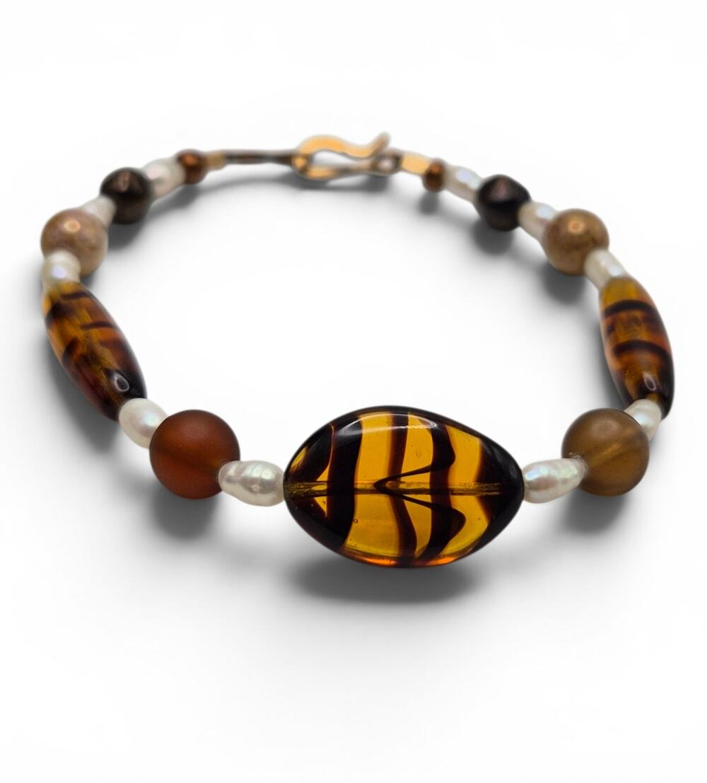 Vintage Art Glass Pearl Beaded Bracelet Amber Stripe Glass Beads